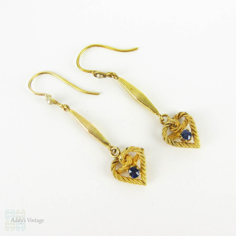 Victorian Heart Drop Earrings, Long Love Heart Shape Dangle Earrings with Blue Sapphires & Cultured Pearls. Circa 1880s, 9 Carat Gold.