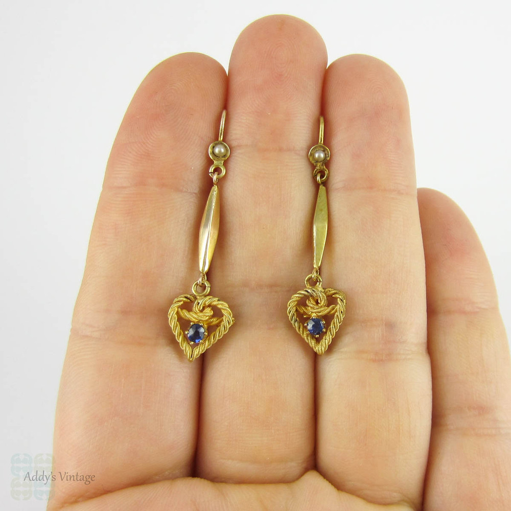 Victorian Heart Drop Earrings, Long Love Heart Shape Dangle Earrings with Blue Sapphires & Cultured Pearls. Circa 1880s, 9 Carat Gold.
