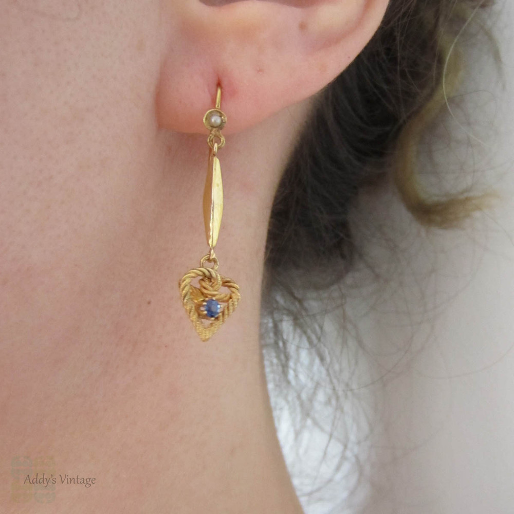 Victorian Heart Drop Earrings, Long Love Heart Shape Dangle Earrings with Blue Sapphires & Cultured Pearls. Circa 1880s, 9 Carat Gold.
