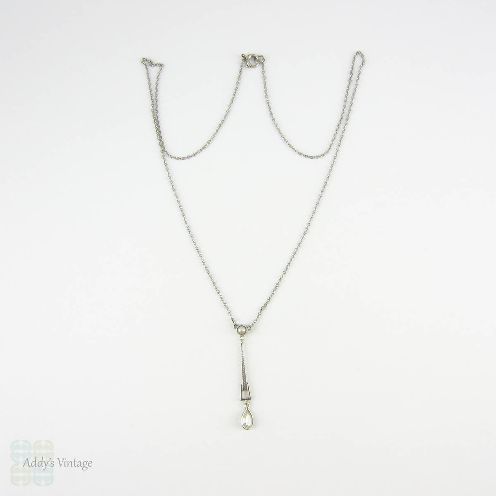 Old Cut Pear Diamond & Cultured Pearl Drop Necklace, Art Deco Pendant with Antique Pear Diamond. Circa 1930s, 9 Carat White Gold.