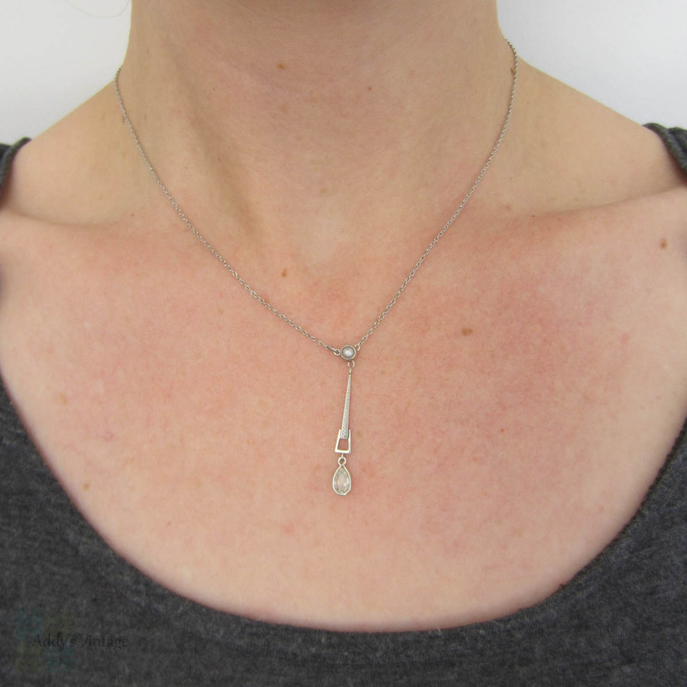 Old Cut Pear Diamond & Cultured Pearl Drop Necklace, Art Deco Pendant with Antique Pear Diamond. Circa 1930s, 9 Carat White Gold.