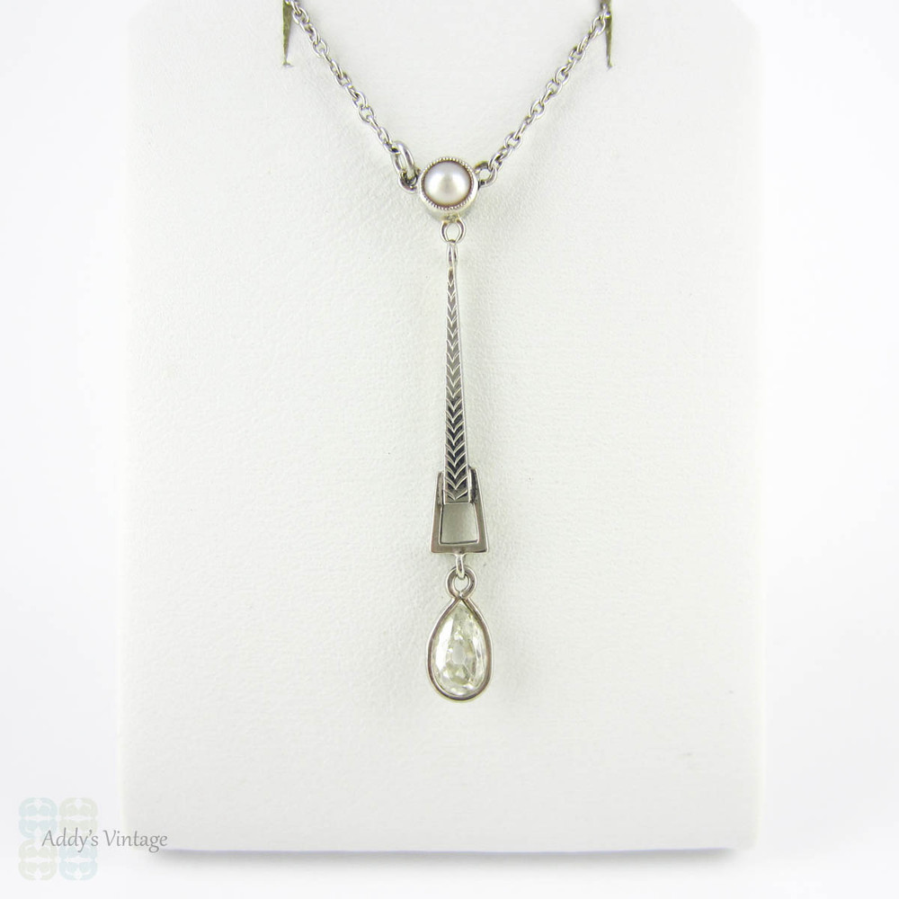 Old Cut Pear Diamond & Cultured Pearl Drop Necklace, Art Deco Pendant with Antique Pear Diamond. Circa 1930s, 9 Carat White Gold.