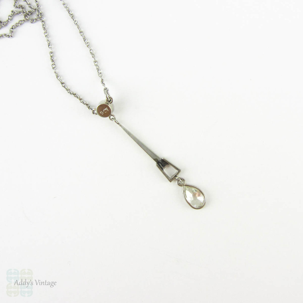 Old Cut Pear Diamond & Cultured Pearl Drop Necklace, Art Deco Pendant with Antique Pear Diamond. Circa 1930s, 9 Carat White Gold.