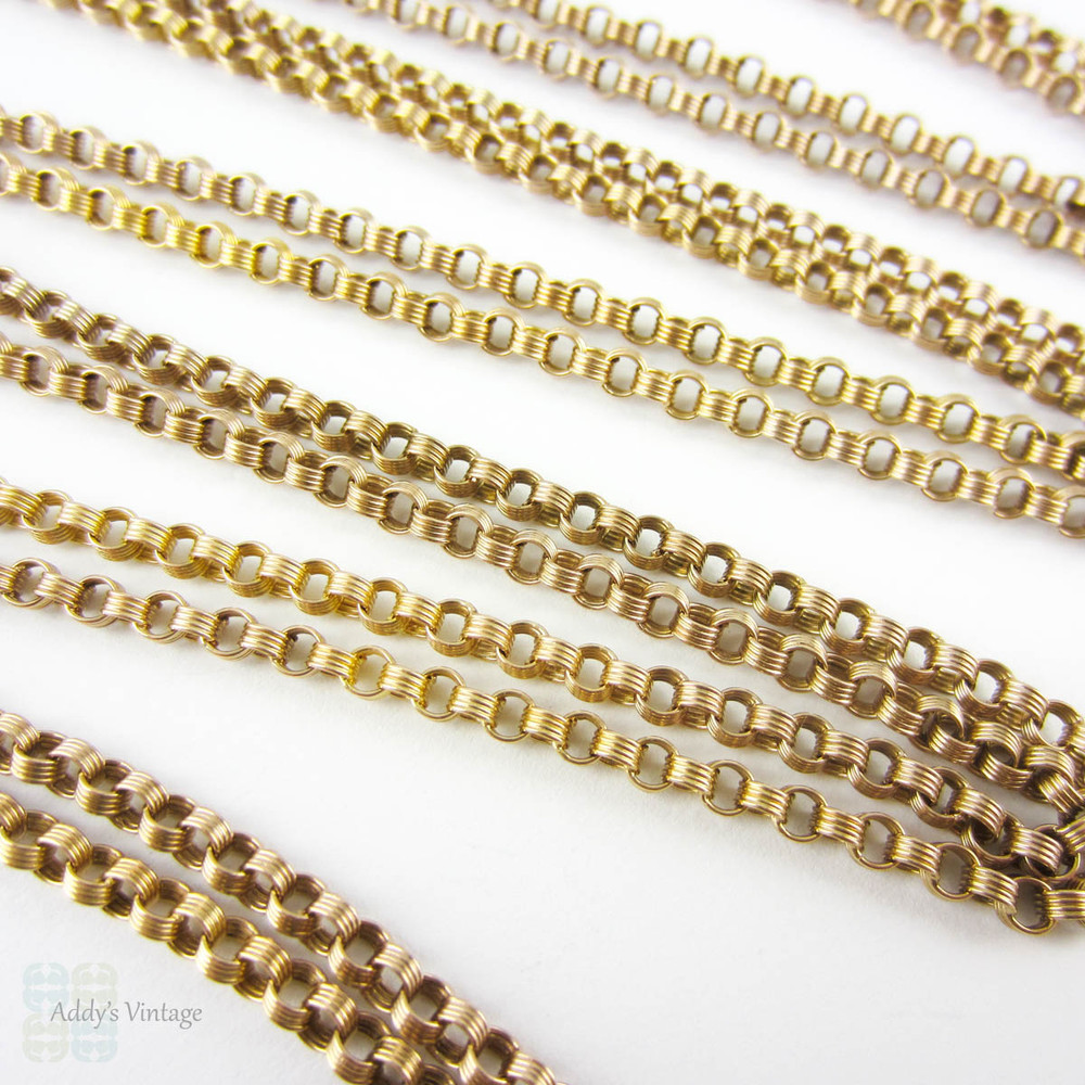 Antique Victorian 9ct Long Guard Chain, Rolo Link Necklace with Dog Clip. Circa 1880s, 146 cm / 57.5 inches, 23.55 grams.