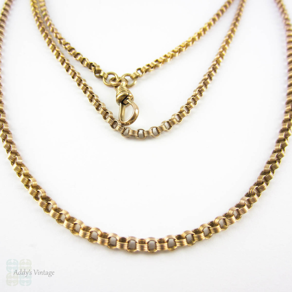 Antique Victorian 9ct Long Guard Chain, Rolo Link Necklace with Dog Clip. Circa 1880s, 146 cm / 57.5 inches, 23.55 grams.