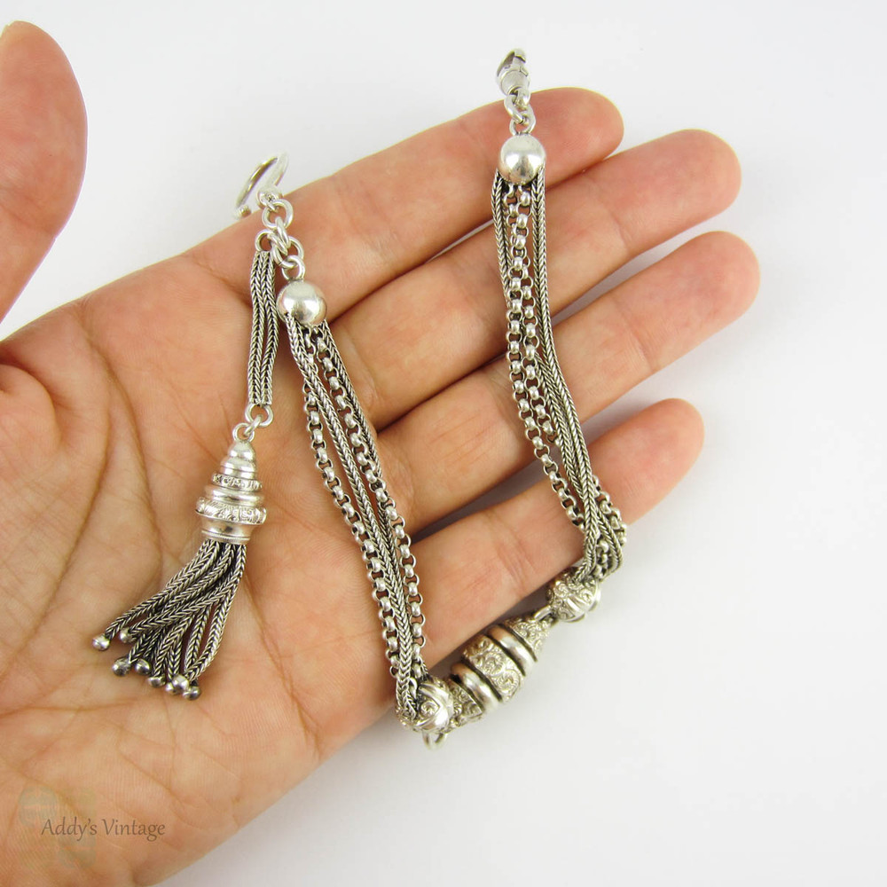 Victorian Sterling Silver Albertina, Antique Watch Chain. Fancy Link Floral Engraved Beads with Tassel, Button Hook & Dog Clip. Circa 1800s.