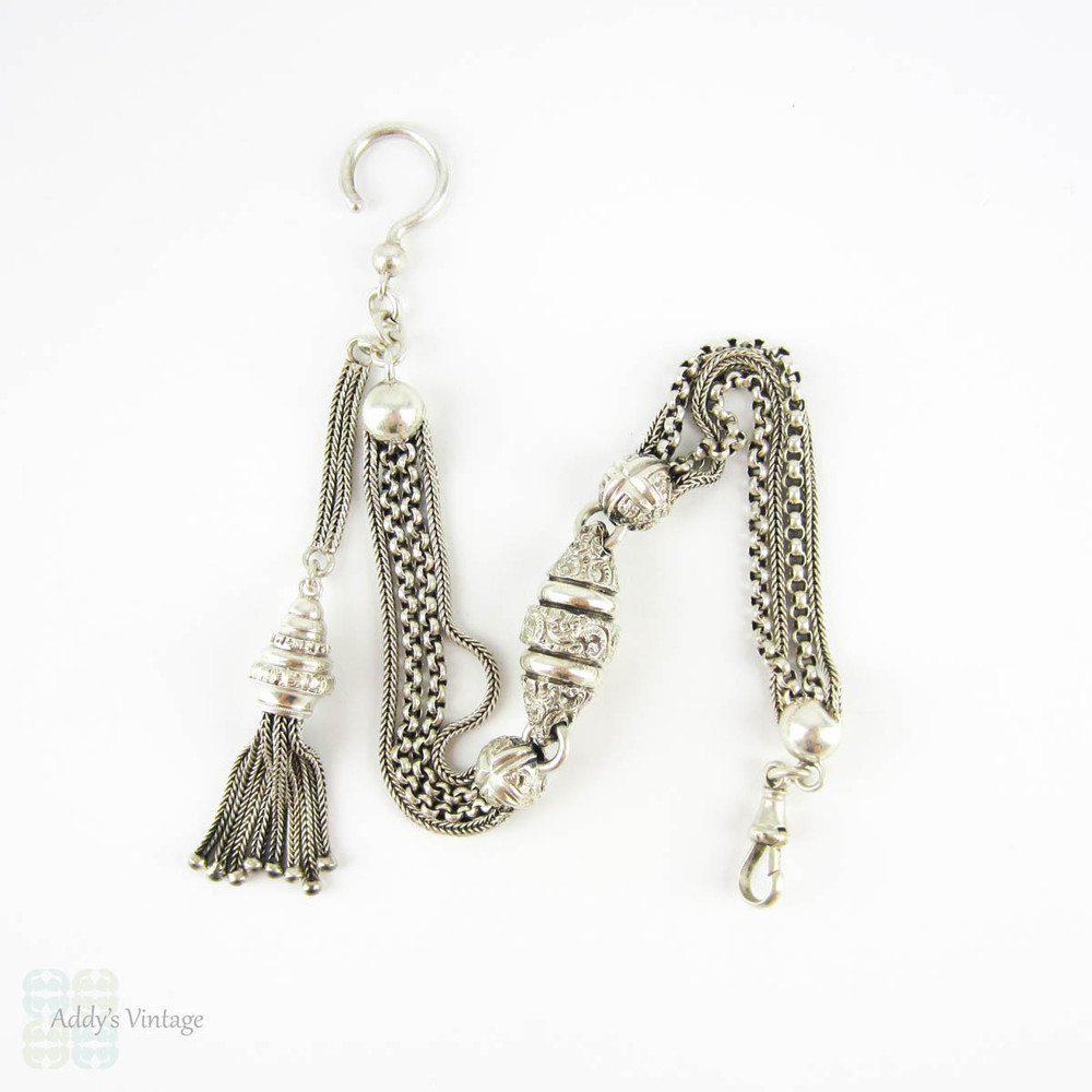 Victorian Sterling Silver Albertina, Antique Watch Chain. Fancy Link Floral Engraved Beads with Tassel, Button Hook & Dog Clip. Circa 1800s.