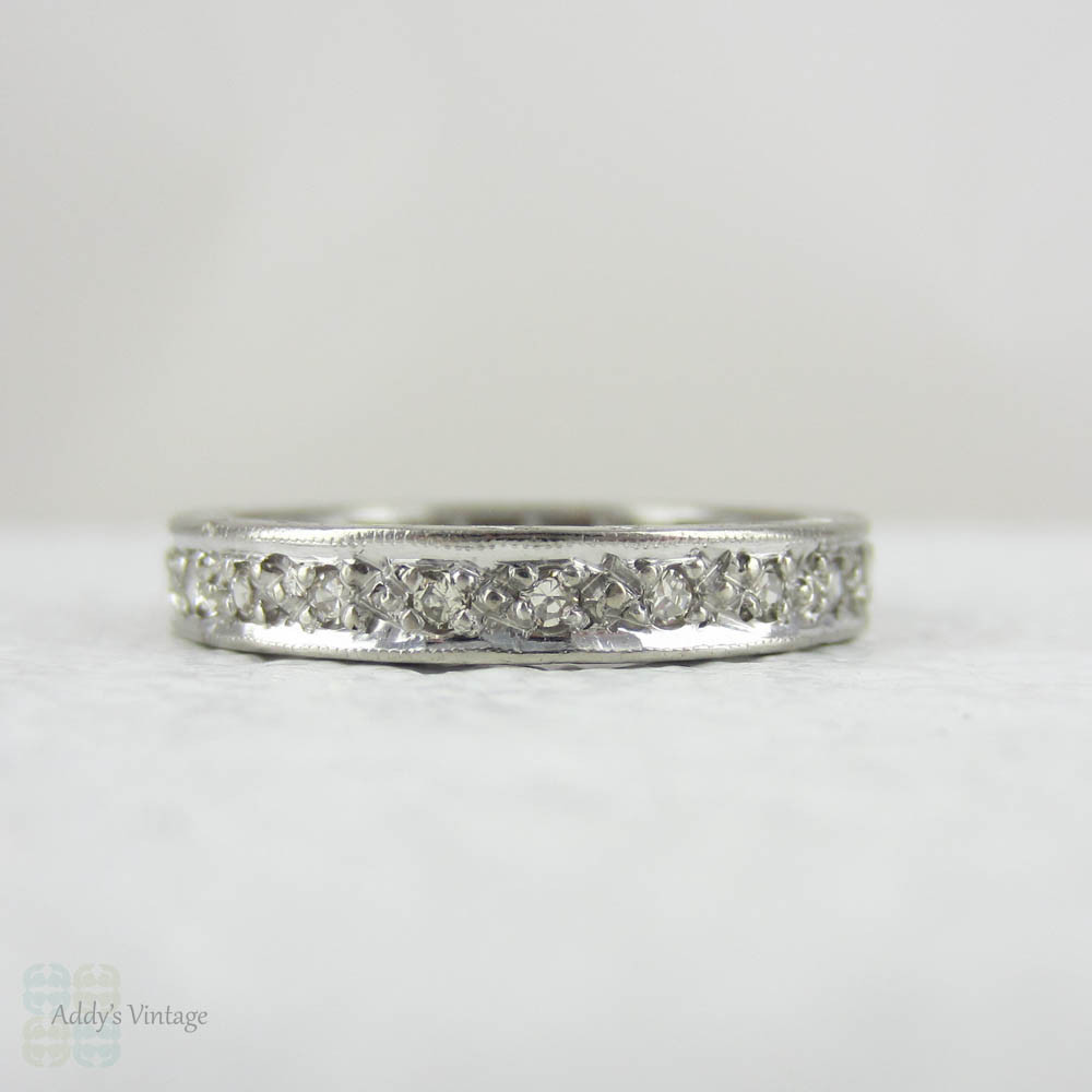 Art Deco Diamond Full Eternity Ring in White Gold. Ornate Engraved Wedding Ring. Beautiful Pattern & Miligrain Beading, Circa 1930s - 1940s.