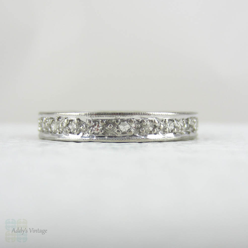 Art Deco Diamond Full Eternity Ring in White Gold. Ornate Engraved Wedding Ring. Beautiful Pattern & Miligrain Beading, Circa 1930s - 1940s.