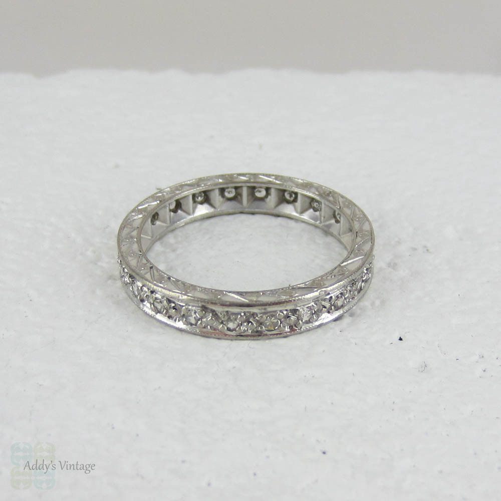 Art Deco Diamond Full Eternity Ring in White Gold. Ornate Engraved Wedding Ring. Beautiful Pattern & Miligrain Beading, Circa 1930s - 1940s.