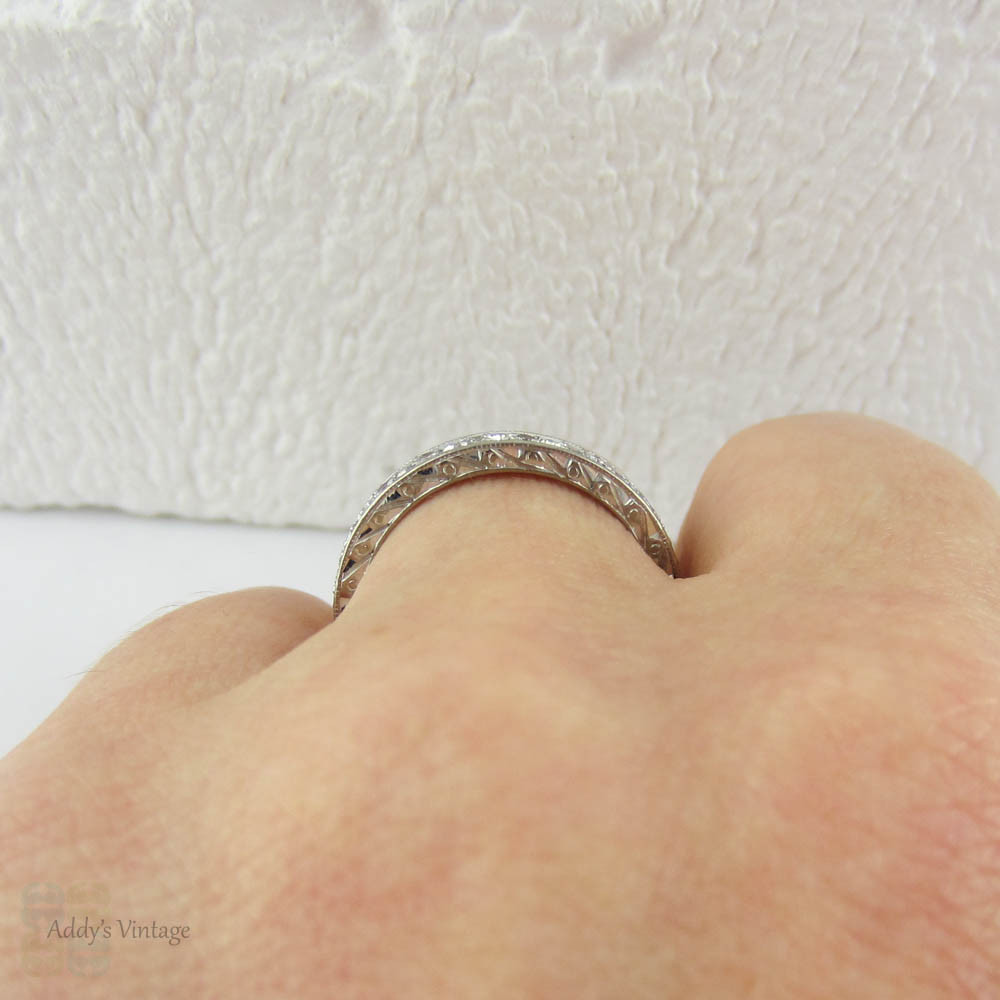 Art Deco Diamond Full Eternity Ring in White Gold. Ornate Engraved Wedding Ring. Beautiful Pattern & Miligrain Beading, Circa 1930s - 1940s.