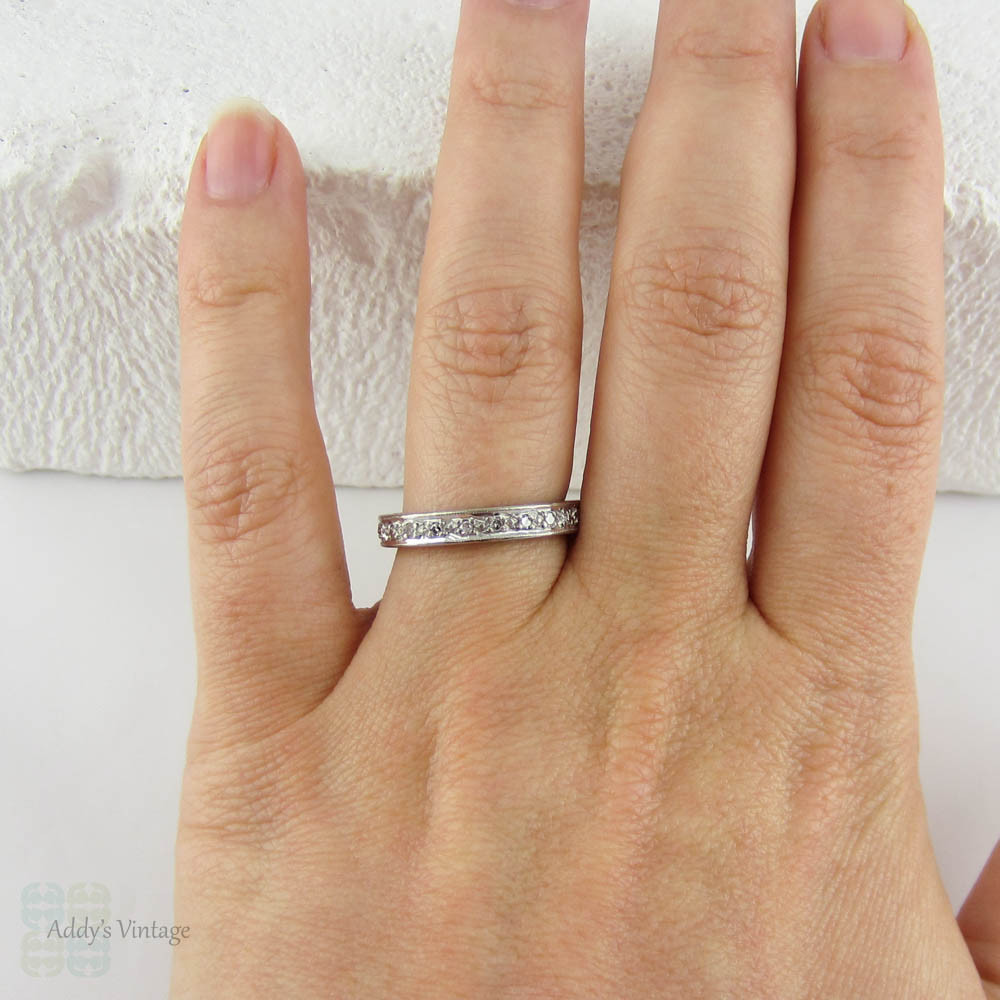 Art Deco Diamond Full Eternity Ring in White Gold. Ornate Engraved Wedding Ring. Beautiful Pattern & Miligrain Beading, Circa 1930s - 1940s.