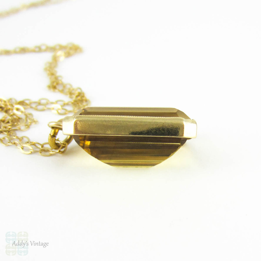 Antique Citrine Pendant, Large Emerald Cut Yellow Citrine in 15 Carat Gold Bezel Setting on 9 Karat 50.8 cm / 20 inch Chain.