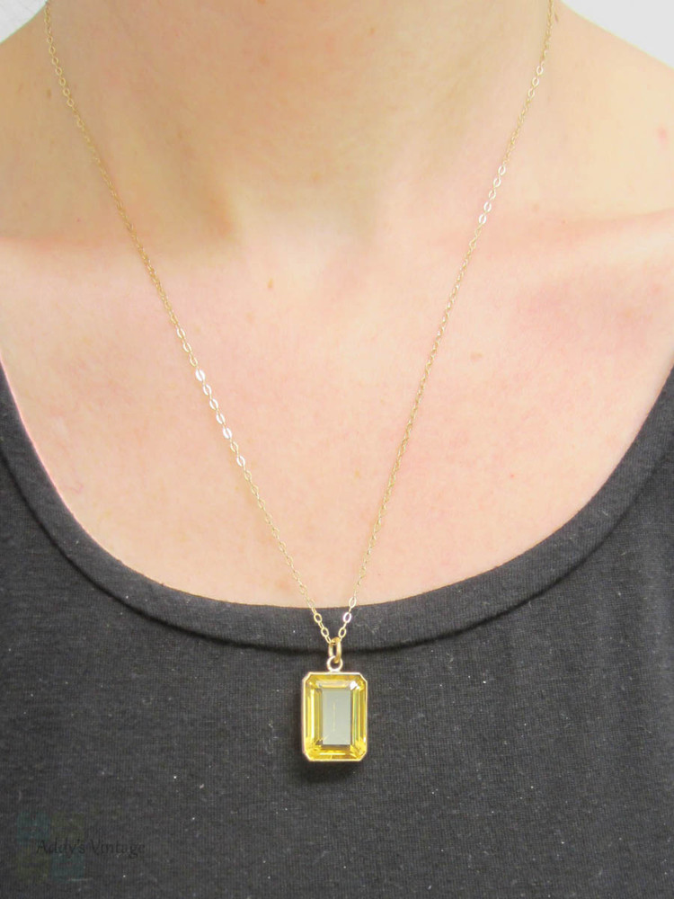 Antique Citrine Pendant, Large Emerald Cut Yellow Citrine in 15 Carat Gold Bezel Setting on 9 Karat 50.8 cm / 20 inch Chain.