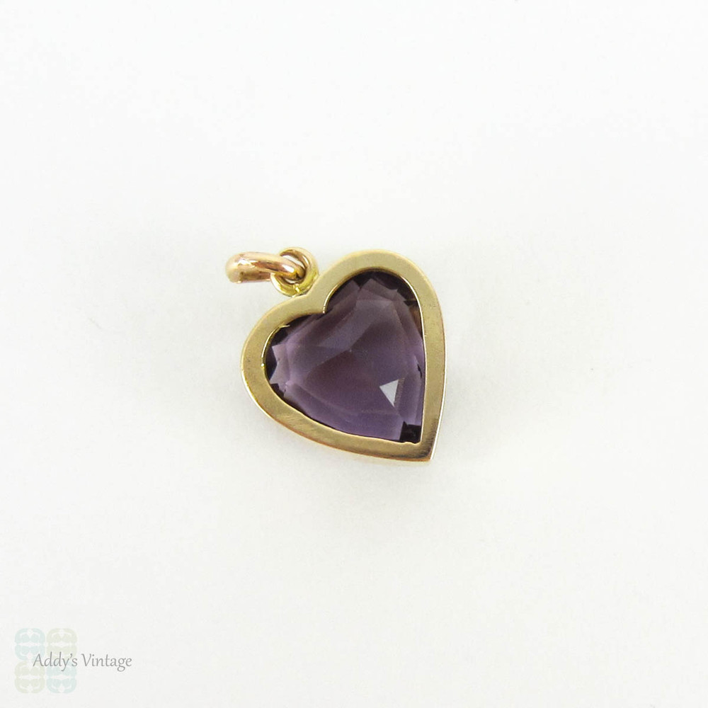 Antique Amethyst Heart Pendant, 15 Carat Gold Late Victorian Bezel Set Heart in Milgrain Frame, Circa 1880s.