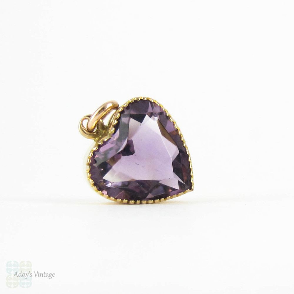 Antique Amethyst Heart Pendant, 15 Carat Gold Late Victorian Bezel Set Heart in Milgrain Frame, Circa 1880s.