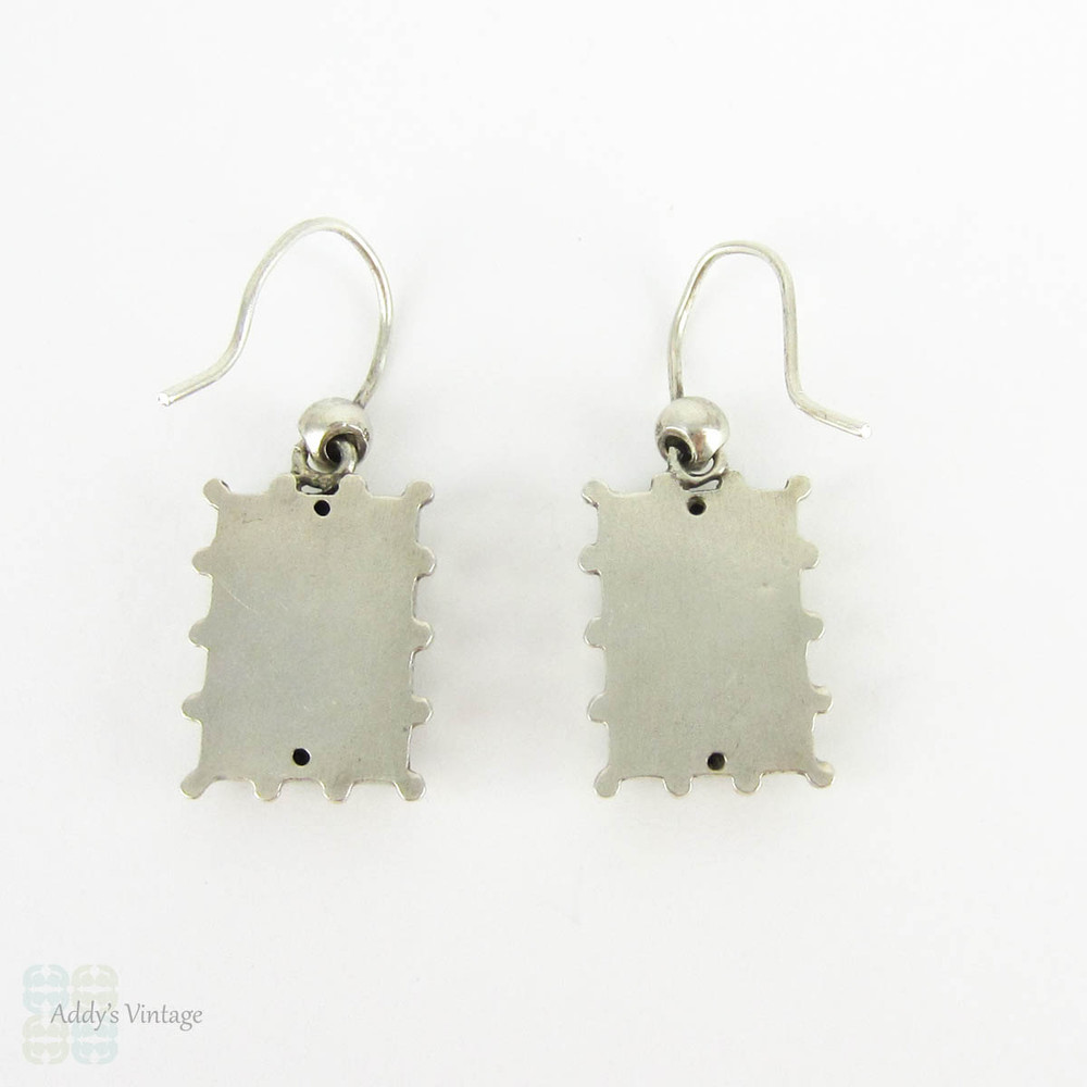 Antique Aesthetic Movement Earrings, Sterling Silver Engraved Diving Swallow Bird Design Rectangle Dangle Earrings. Victorian 1880s.