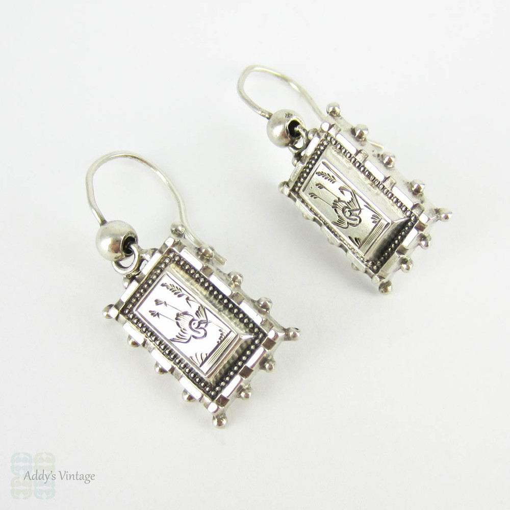 Antique Aesthetic Movement Earrings, Sterling Silver Engraved Diving Swallow Bird Design Rectangle Dangle Earrings. Victorian 1880s.