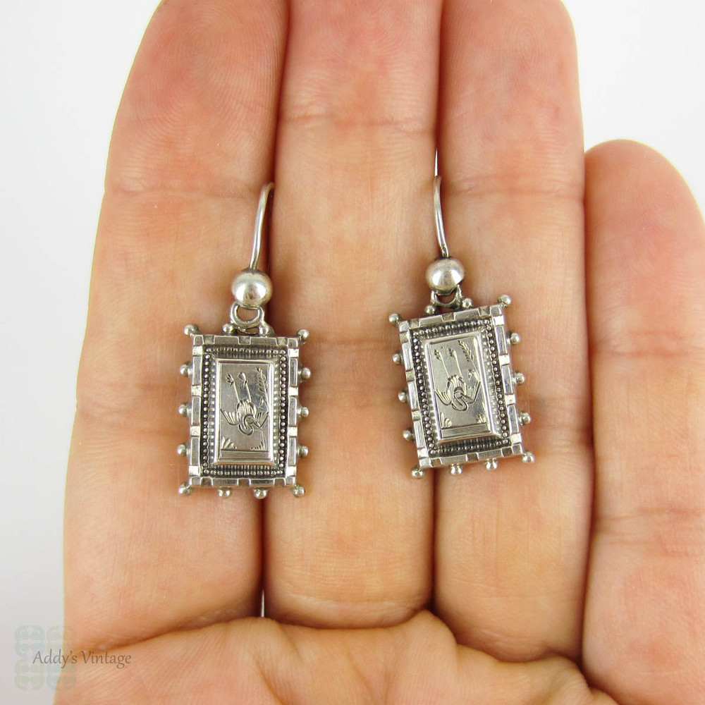 Antique Aesthetic Movement Earrings, Sterling Silver Engraved Diving Swallow Bird Design Rectangle Dangle Earrings. Victorian 1880s.