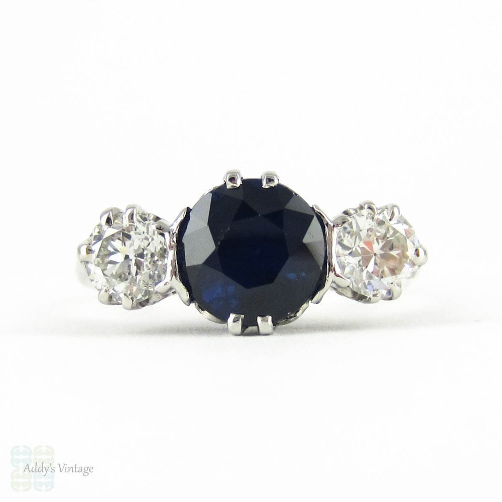 Sapphire & Old European Cut Diamond Engagement Ring, Three Stone Vintage Trilogy Ring, 2.41 ctw. Circa 1930s, 18ct & Platinum.