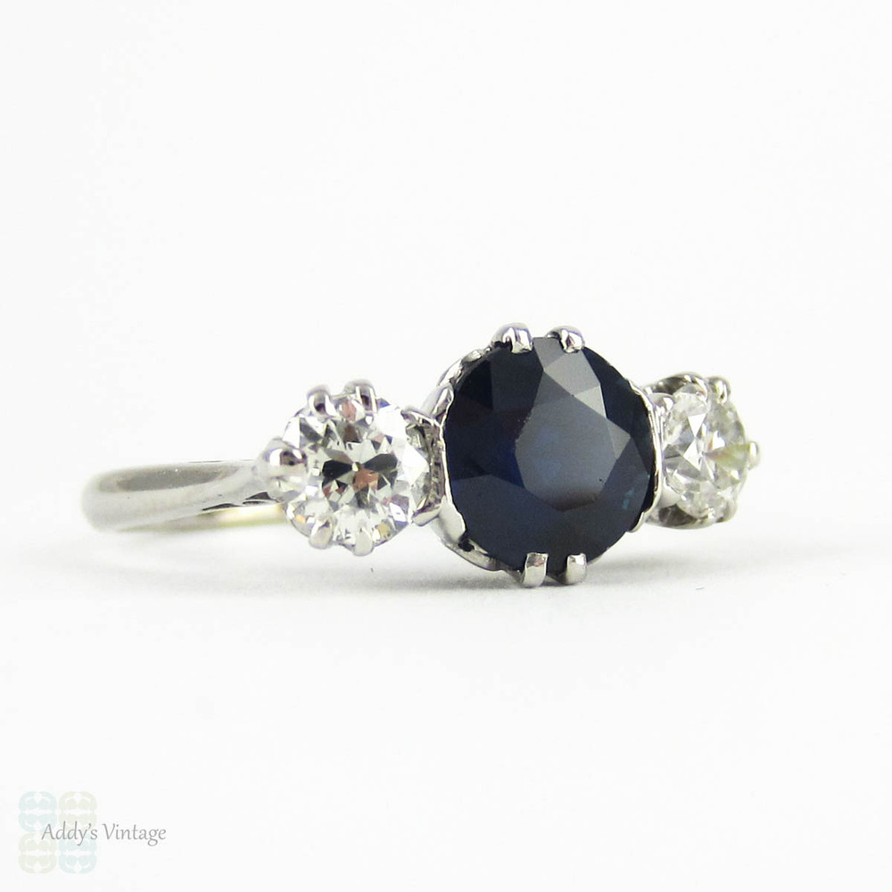 Sapphire & Old European Cut Diamond Engagement Ring, Three Stone Vintage Trilogy Ring, 2.41 ctw. Circa 1930s, 18ct & Platinum.