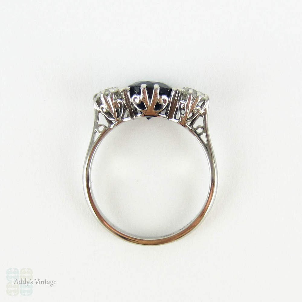 Sapphire & Old European Cut Diamond Engagement Ring, Three Stone Vintage Trilogy Ring, 2.41 ctw. Circa 1930s, 18ct & Platinum.