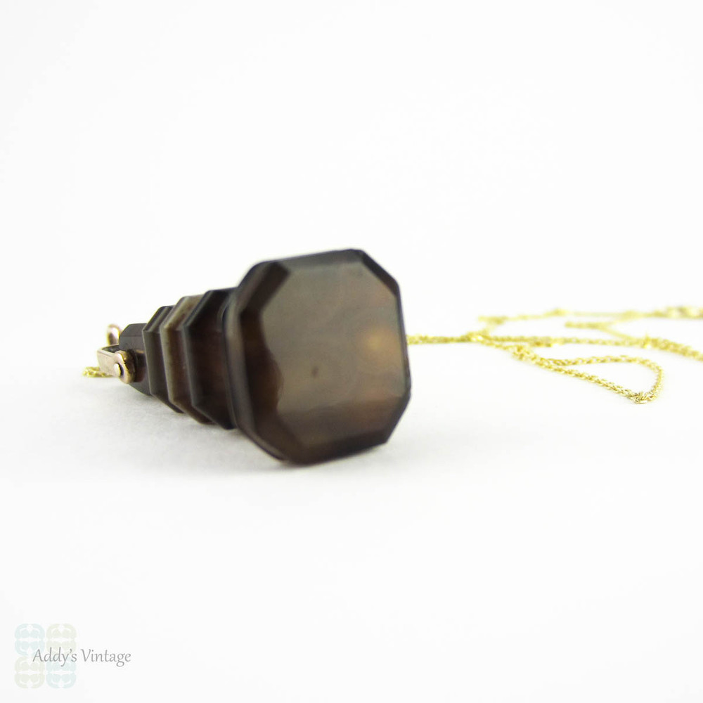 Antique Banded Agate Pendant, Victorian Chess Piece Shape Seal Charm Pendant on 9 Carat Gold Chain.