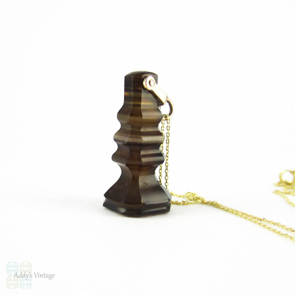 Antique Banded Agate Pendant, Victorian Chess Piece Shape Seal Charm Pendant on 9 Carat Gold Chain.
