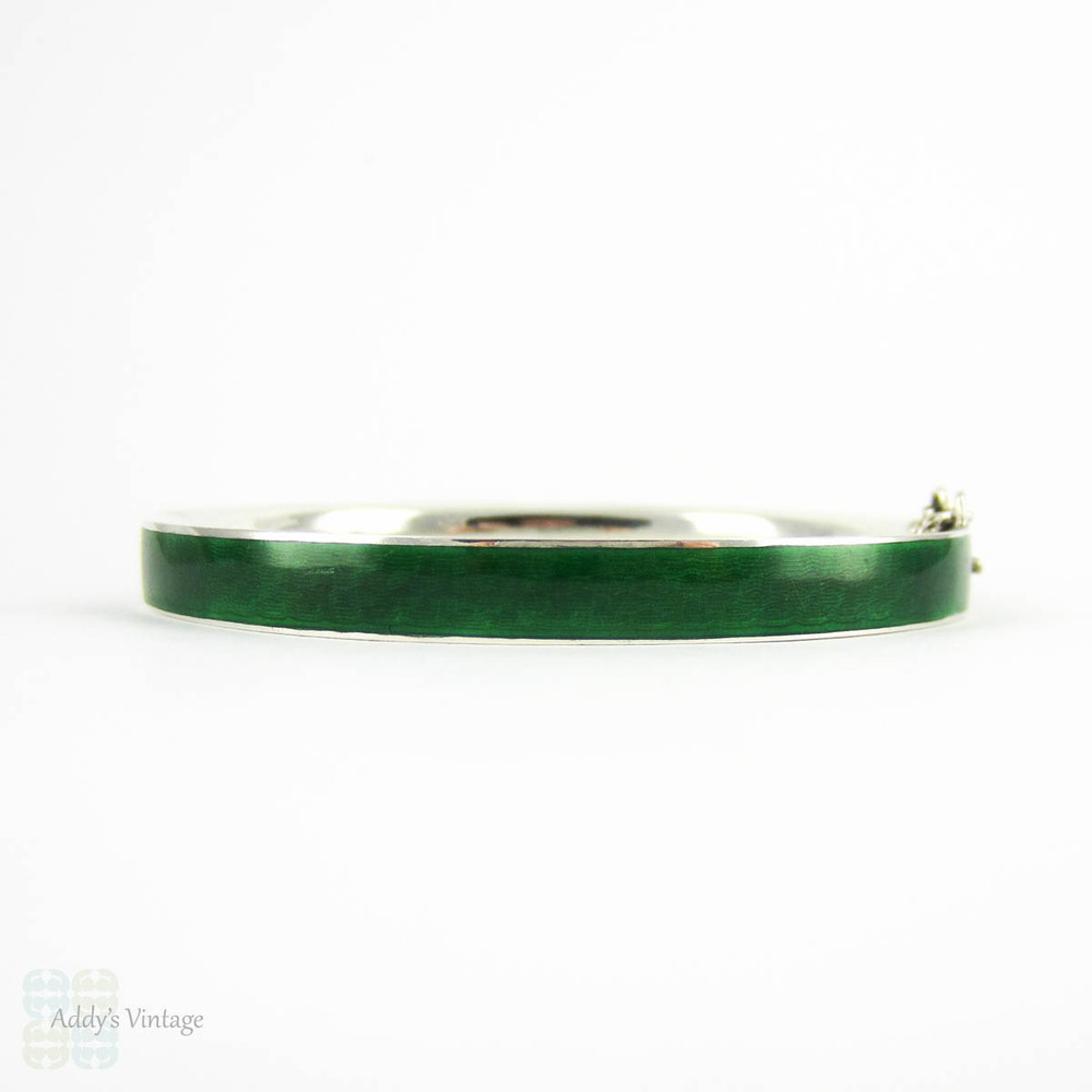 Vintage Green Enamel Bangle Bracelet, British Racing Green & Sterling Silver Bracelet. Circa Early 1900s.