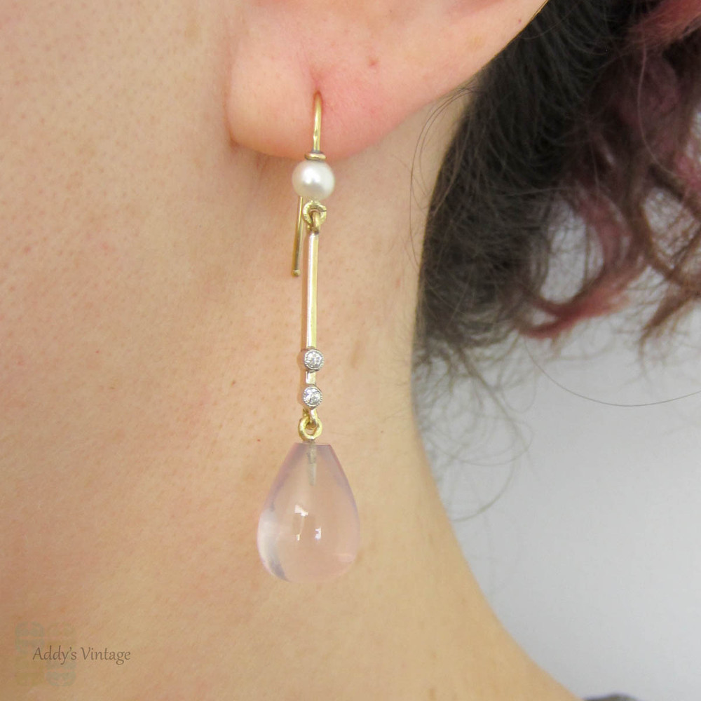 Rose Quartz, Diamond & Cultured Pearl Drop Earrings. Vintage Pale