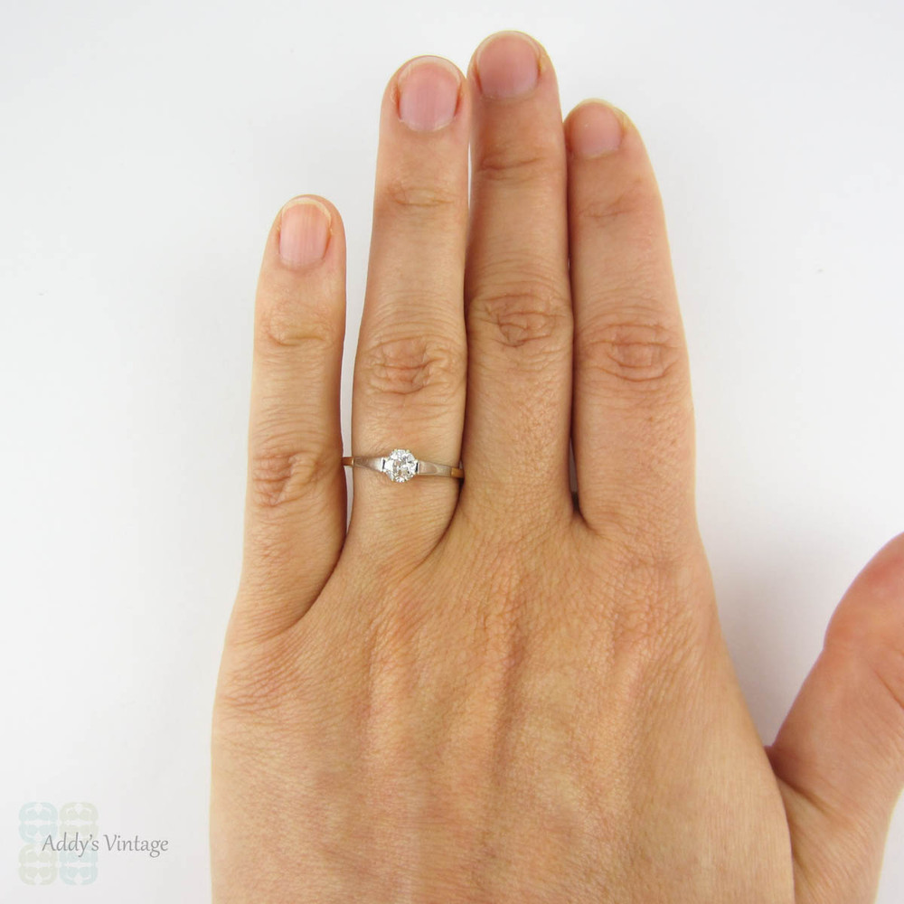 BALANCE. Antique Diamond Engagement Ring, 0.42 ct Old Mine Cut Diamond in Two Tone Classic Solitaire Setting. Circa 1880s, 18ct Gold.