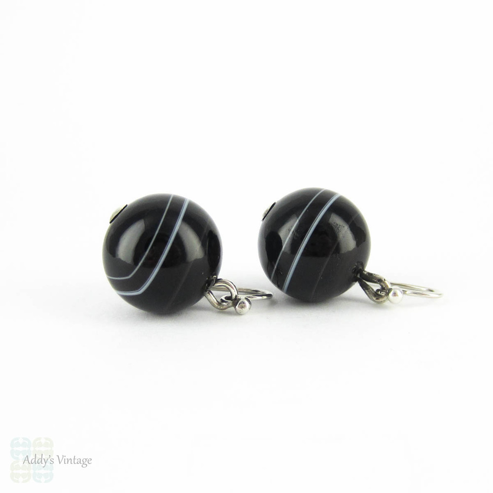 Antique Banded Agate Earrings, Victorian Pierced Drop Black & White Agate Earrings. Circa 1870s.