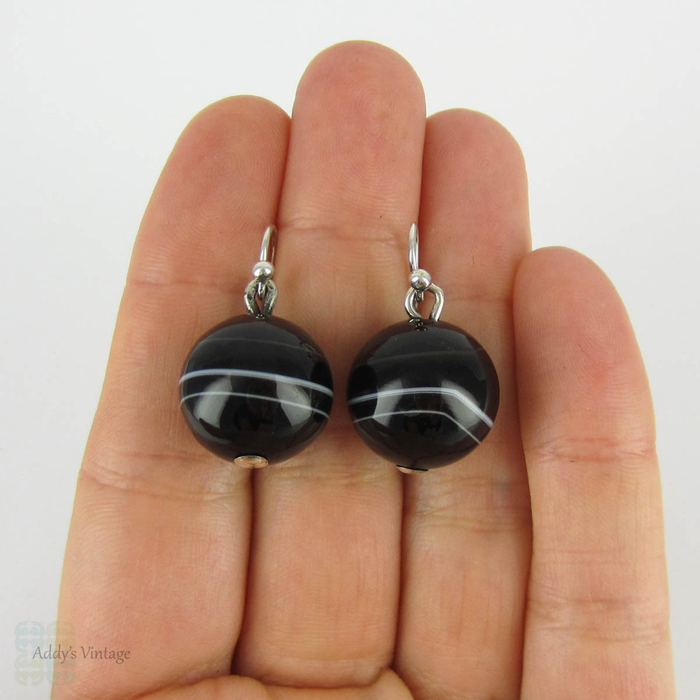 Antique Banded Agate Earrings, Victorian Pierced Drop Black & White Agate Earrings. Circa 1870s.
