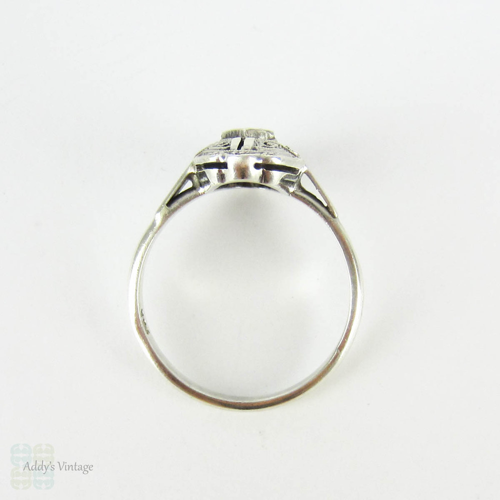 Vintage Art Deco Diamond & Sterling Silver Ring, Milgrain Engraved Diamond Set Panel Ring. Circa 1920s, 935 Silver.