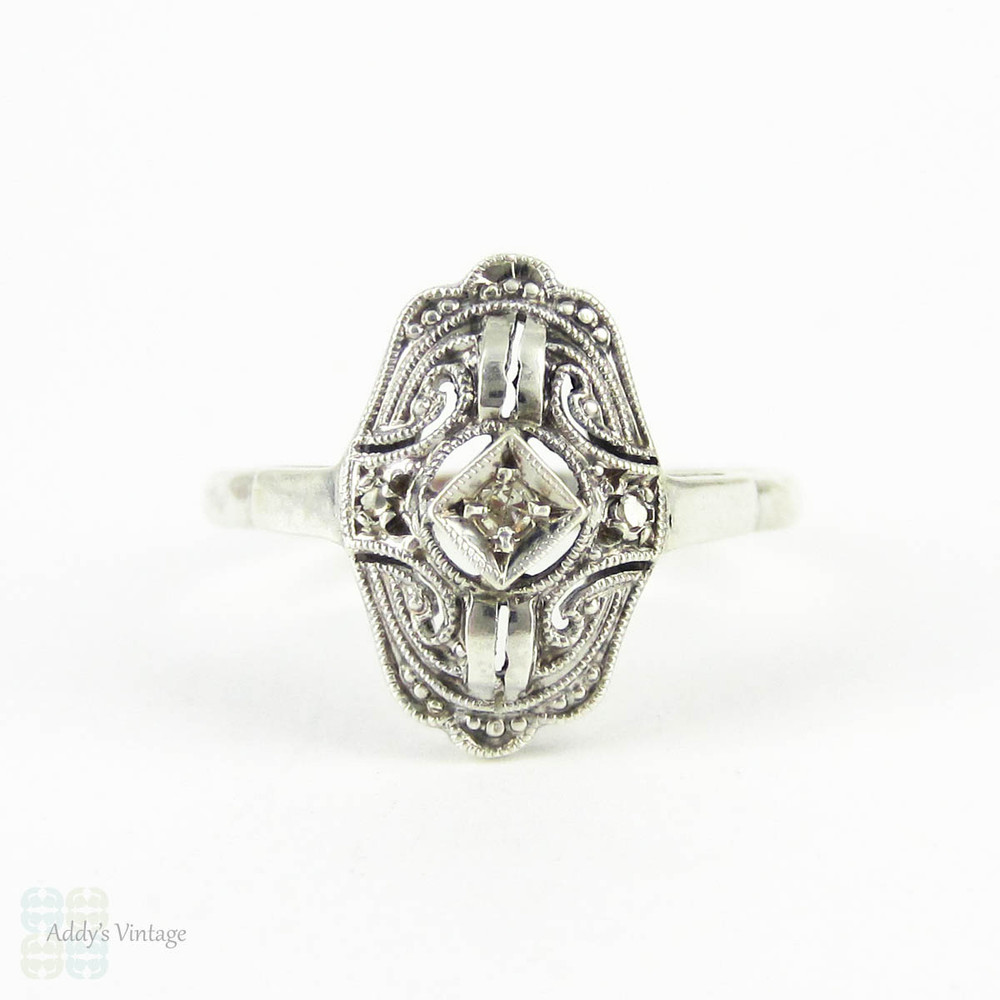 Vintage Art Deco Diamond & Sterling Silver Ring, Milgrain Engraved Diamond Set Panel Ring. Circa 1920s, 935 Silver.