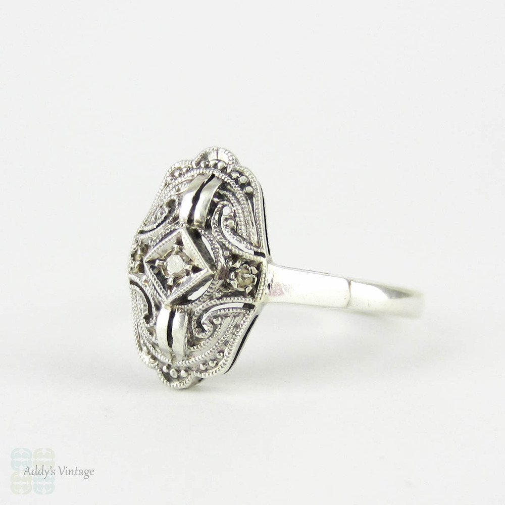 Vintage Art Deco Diamond & Sterling Silver Ring, Milgrain Engraved Diamond Set Panel Ring. Circa 1920s, 935 Silver.