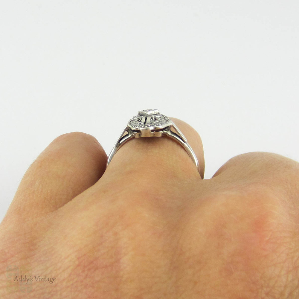 Vintage Art Deco Diamond & Sterling Silver Ring, Milgrain Engraved Diamond Set Panel Ring. Circa 1920s, 935 Silver.