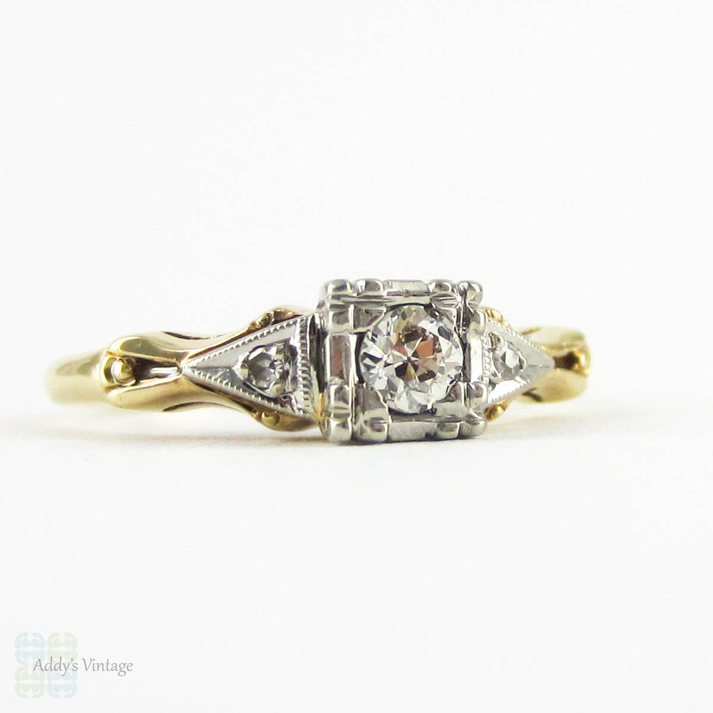Vintage Two Tone Diamond Engagement Ring, Old European Cut Diamond in Fishtail 1940s Setting. 14 Carat Gold.