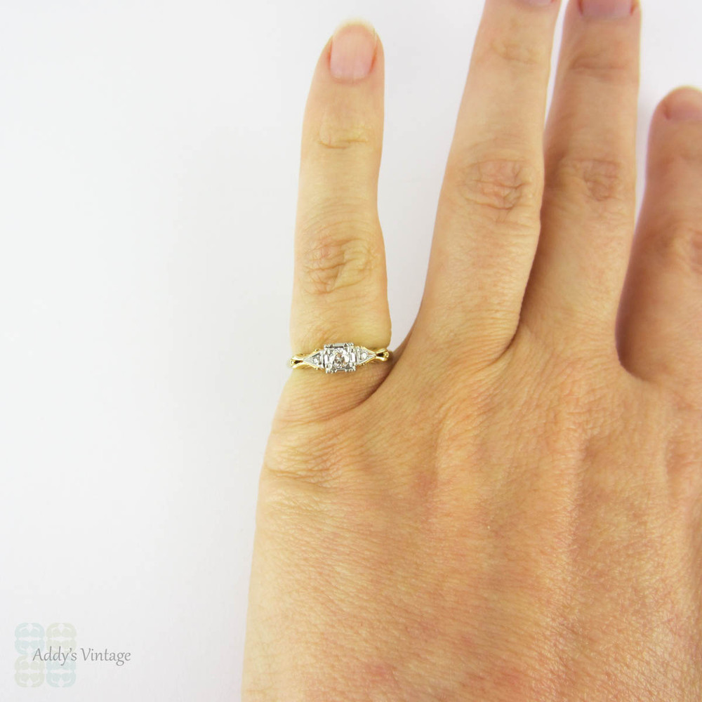 Vintage Two Tone Diamond Engagement Ring, Old European Cut Diamond in Fishtail 1940s Setting. 14 Carat Gold.