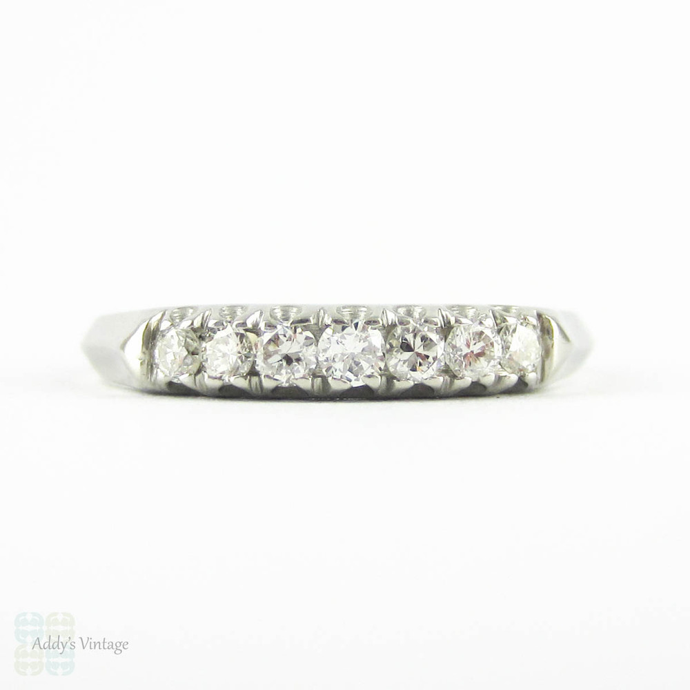 Vintage Diamond Wedding Ring, Platinum 7 Stone Half Hoop Ring with Knife Edge Shank, 0.24 ctw, Circa 1940s.
