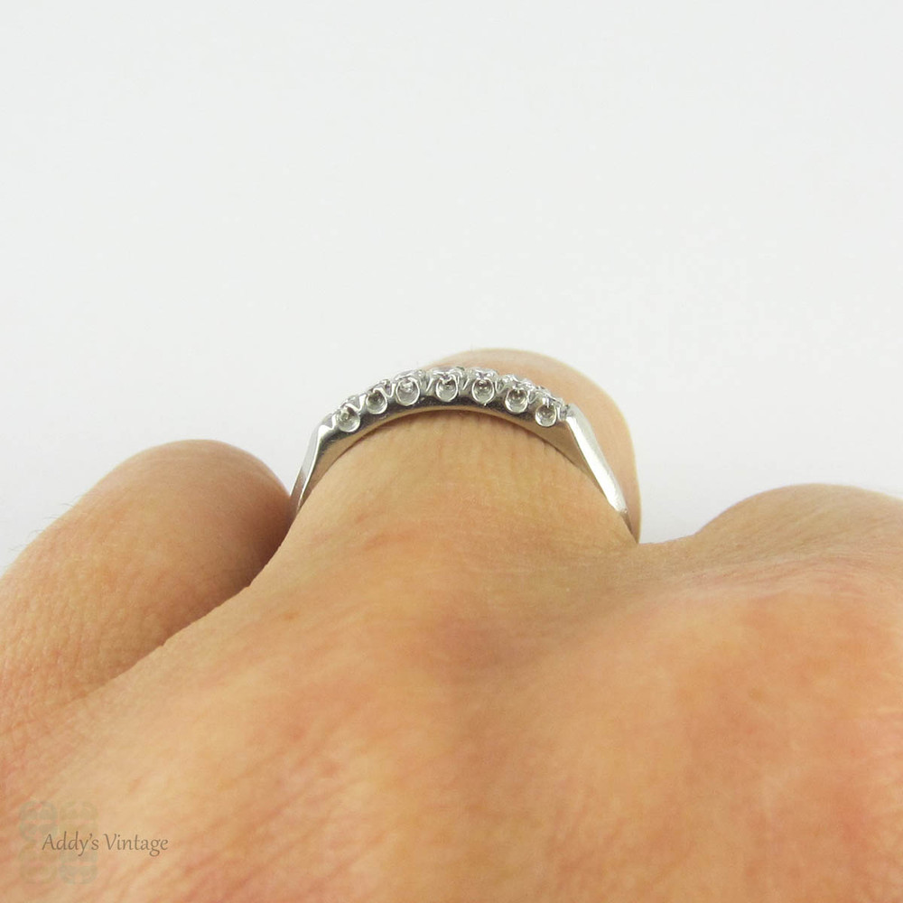 Vintage Diamond Wedding Ring, Platinum 7 Stone Half Hoop Ring with Knife Edge Shank, 0.24 ctw, Circa 1940s.