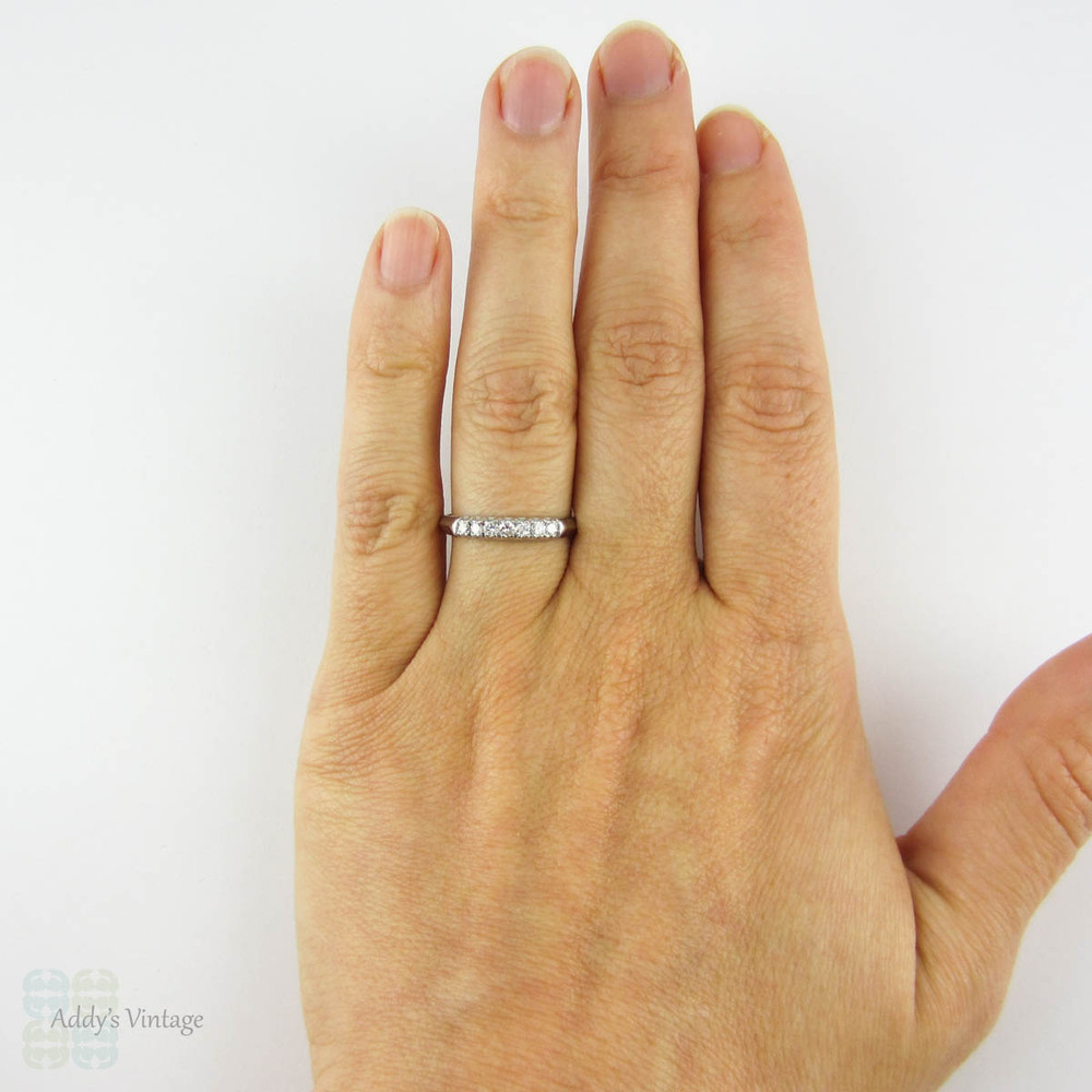 Vintage Diamond Wedding Ring, Platinum 7 Stone Half Hoop Ring with Knife Edge Shank, 0.24 ctw, Circa 1940s.
