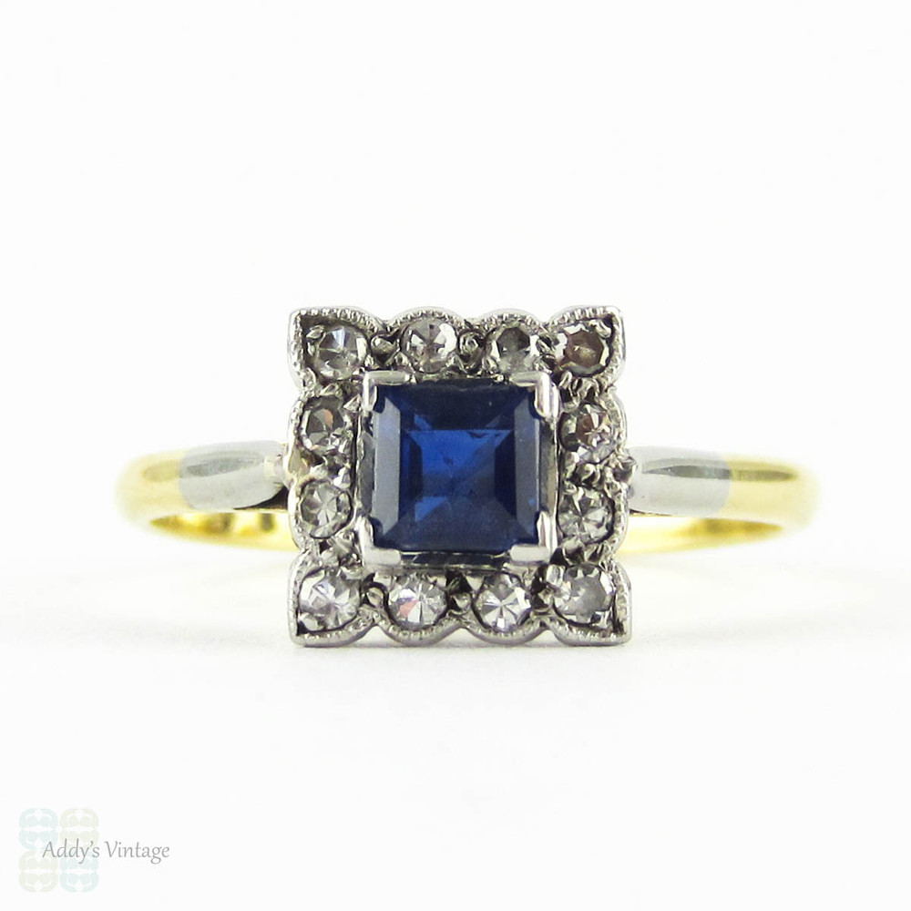 Art Deco Sapphire & Diamond Engagement Ring, Square Blue Sapphire with Milgain Detail Diamond Halo. Circa 1920s, 18ct Platinum.
