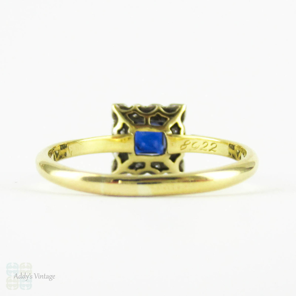 Art Deco Sapphire & Diamond Engagement Ring, Square Blue Sapphire with Milgain Detail Diamond Halo. Circa 1920s, 18ct Platinum.