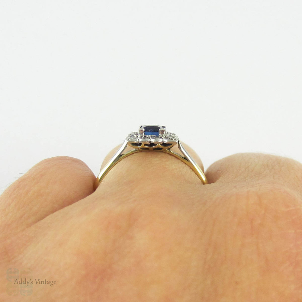 Art Deco Sapphire & Diamond Engagement Ring, Square Blue Sapphire with Milgain Detail Diamond Halo. Circa 1920s, 18ct Platinum.