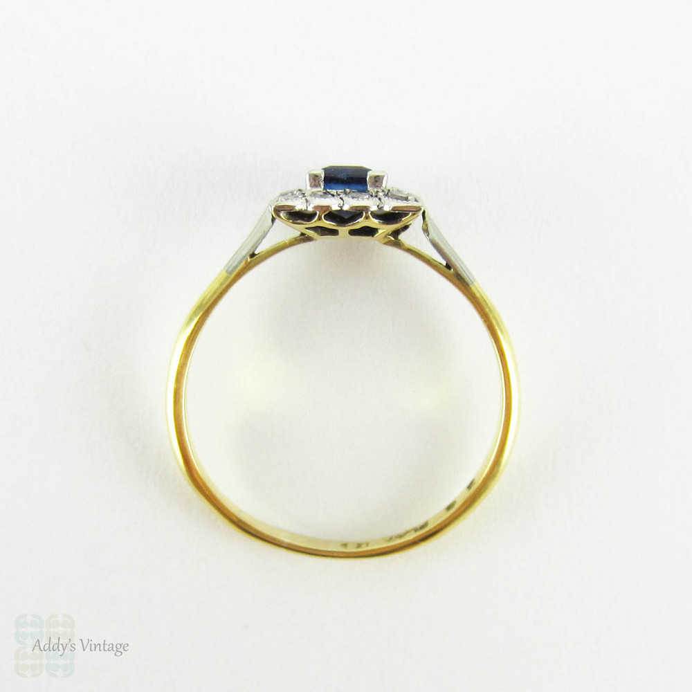 Art Deco Sapphire & Diamond Engagement Ring, Square Blue Sapphire with Milgain Detail Diamond Halo. Circa 1920s, 18ct Platinum.