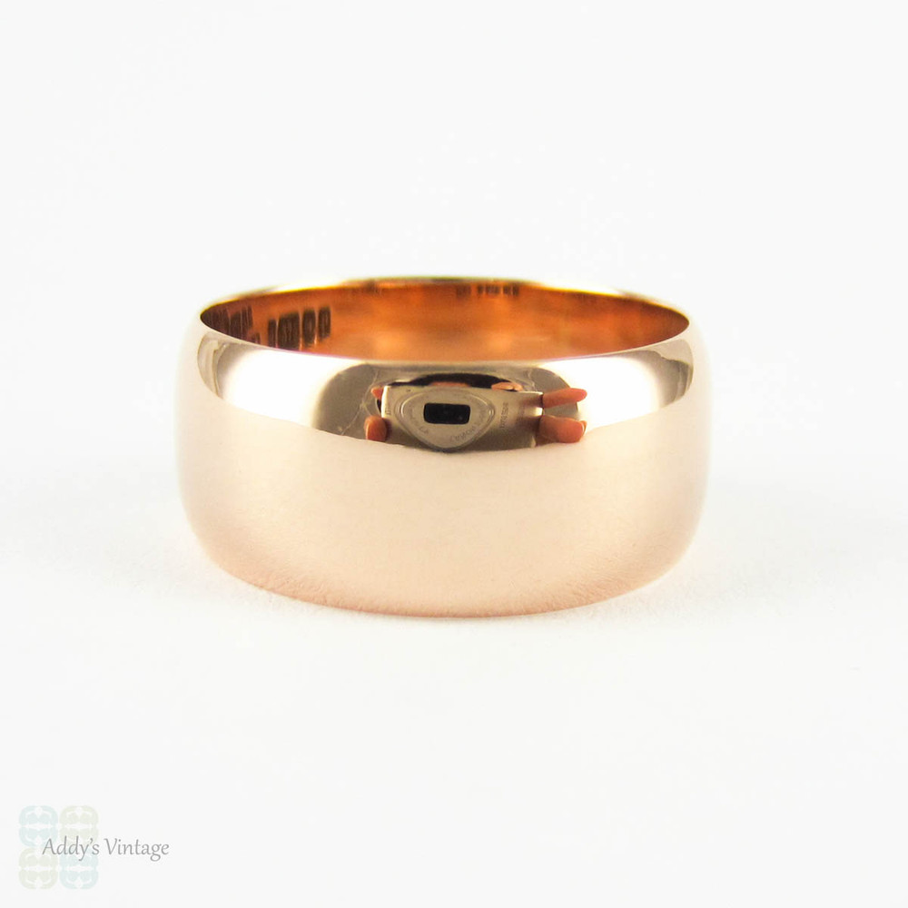 Antique Wide 9 Carat Rose Gold Wedding Ring, 1910s Ladies or Mens Wide Wedding Band. Size L.5 / 6.