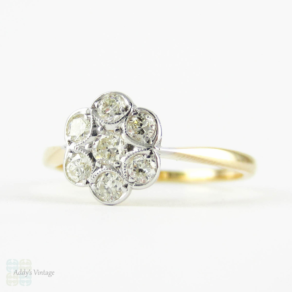 RESERVED. Vintage Daisy Engagement Ring, Flower Shape Diamond Cluster Ring. Circa 1940s, 18 Carat & Platinum.