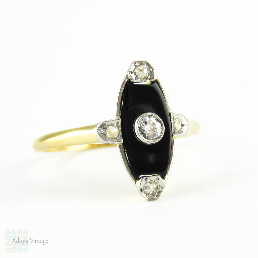 Mens Vintage Genuine Black Onyx Ring - Solid Yellow Gold Antique Diamond  Ring - Estate Fine Jewelry for Him