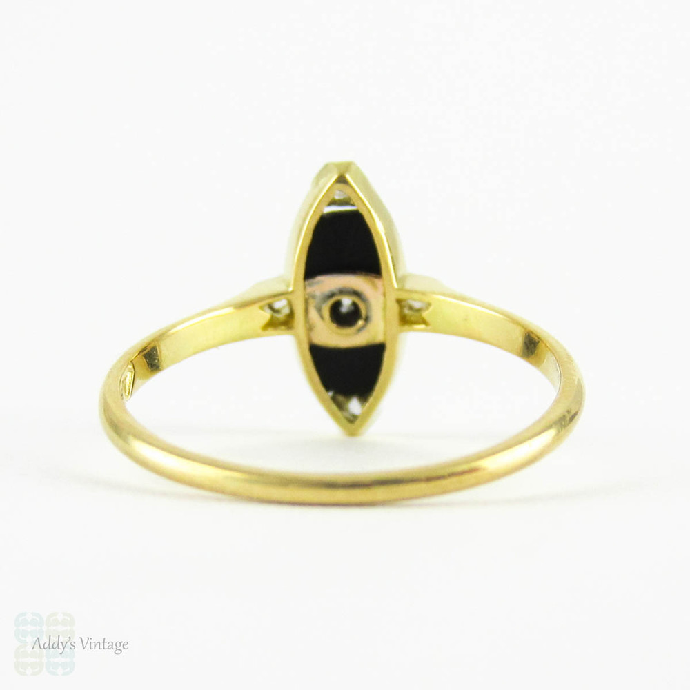 Art Deco Onyx & Diamond Dress Ring, Navette Shape Onyx with Old European & Rose Cut Diamonds. Circa 1920s, 18 Carat Gold.